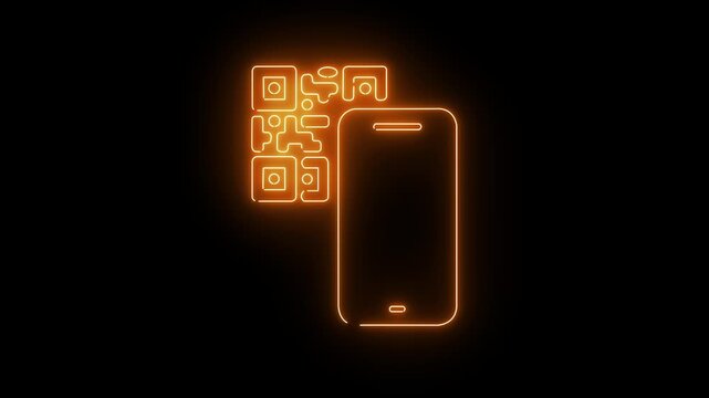 glowing neon QR code scanning icon with smartphone on black background. scanning code icon. payment, mobile payment, purchase, QR code, barcode, scanning icon for your app and web. 4k video animation