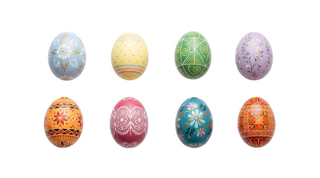 Collection of vibrant hand painted easter eggs featuring intricate floral patterns geometric shapes colorful stripes and cute bunny illustrations arranged in a festive springtime display for holiday c