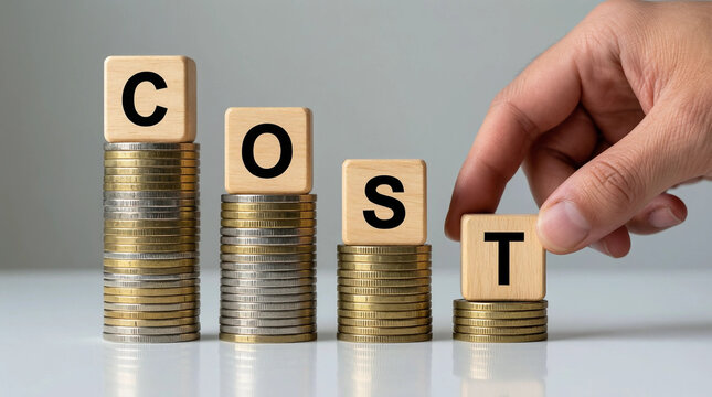 Hand placing letter T on stack of coins spelling COST, visualizing rising expenses or budget management