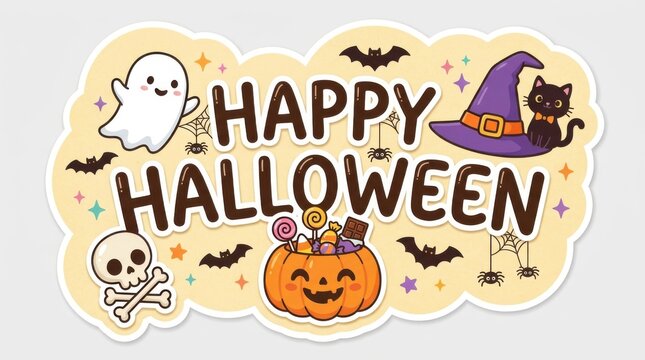 Halloween sticker design featuring a ghost pumpkin cat and skull with colorful lettering bones bats witch wizard spooky festive holiday