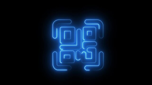 neon line QR code animation. Scan qr code icon with laser, barcode scanner animation on black background, scan QR code barcode animation on black background, QR code scanner animated