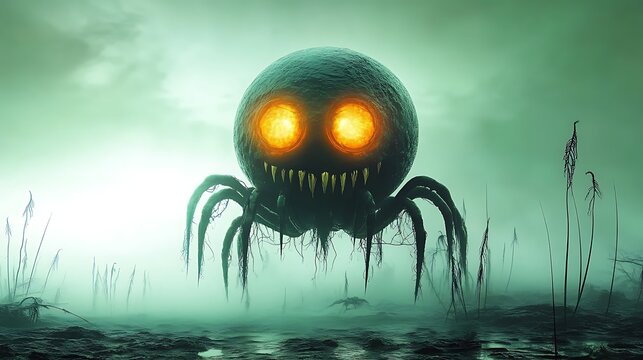 Eerie floating spider monster with glowing eyes in a dark misty swamp landscape at night