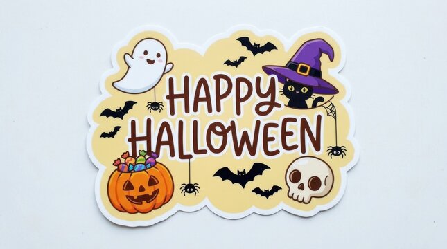 Halloween sticker design featuring a ghost pumpkin witch s hat and skull with a yellow background bats spiders holiday october
