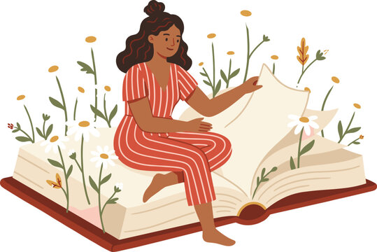 Flat vector illustration of a young woman sitting on a giant open book surrounded by wild flowers