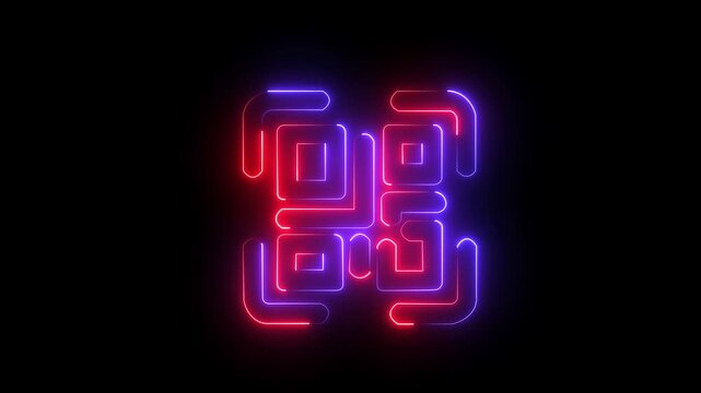 neon line QR code animation. Scan qr code icon with laser, barcode scanner animation on black background, scan QR code barcode animation on black background, QR code scanner animated