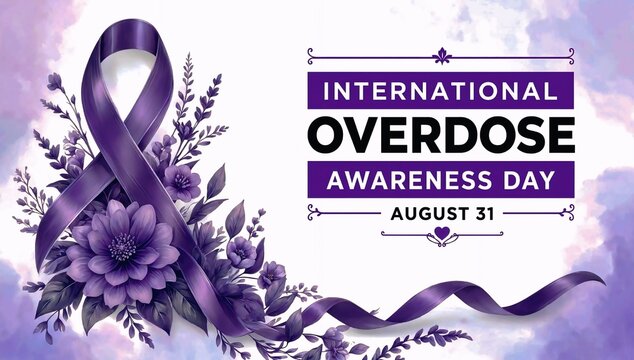 International Overdose Awareness Day Banner with Purple Ribbon 