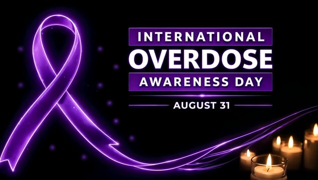 International Overdose Awareness Day Poster with Glowing Purple Ribbon