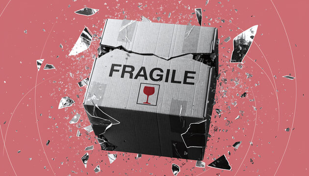 Monochromatic fragile shipping box exploding with glass shards