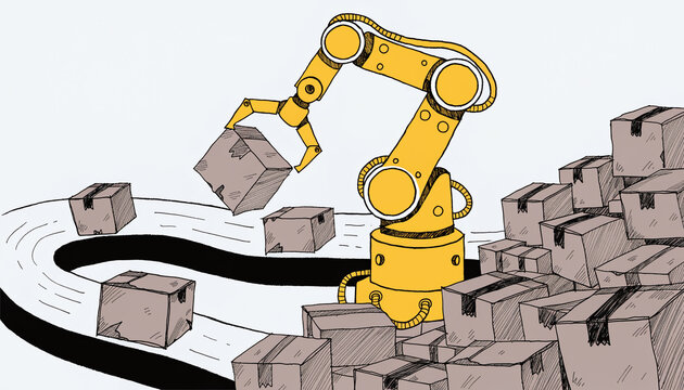 Industrial robot arm sorting boxes in warehouse illustration