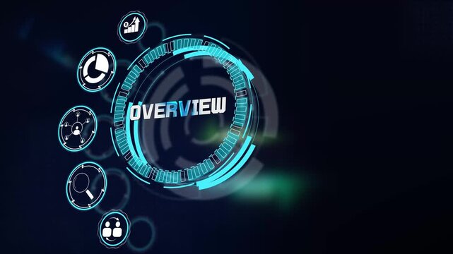 Comprehensive business overview screen visual featuring glowing futuristic hud display with interactive analytics tech icons