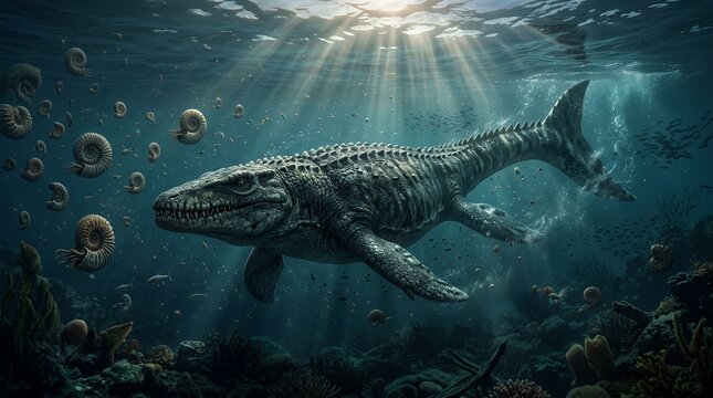 Ancient Mosasaur swimming in deep prehistoric ocean water.