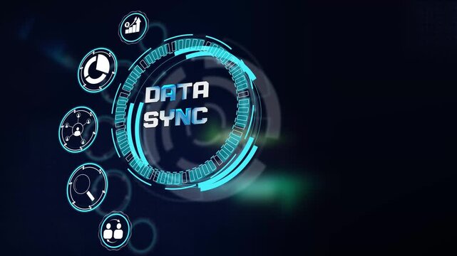Seamless business data sync process visual rendered on futuristic glowing tech hud screen with interactive network icons