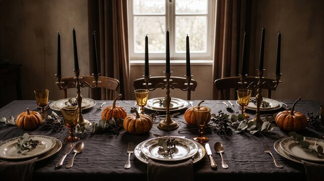 Cozy dark rustic dinner table setup for Halloween or Fall harvest celebration