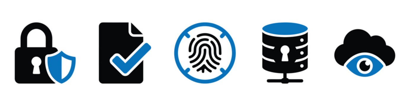 Cyber Security and Data Privacy Protection Concept Icon Set. Padlock with security shield, verified document checkmark, biometric fingerprint scanner target, encrypted database server keyhole, cloud s