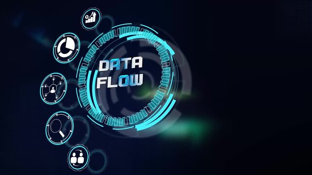 Dynamic digital data flow processing depicted on dark cyan futuristic tech hud screen with interactive corporate tech icons