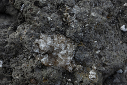 White calcite crystals emerging from rough dark igneous rock surface