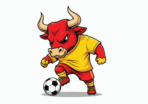 Aggressive Red Bull Soccer Player Mascot Character Illustration for Sports Team Athletic Branding