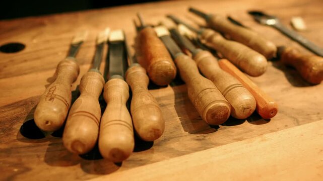 Woodworking Chisels and Hand Tools on a Rustic Workbench Close-Up Showing Carpenter Craftsmanship