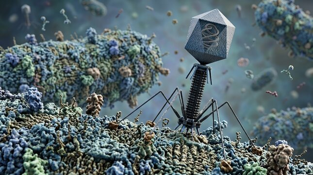 Bacteriophage virus attacking a bacterial cell.