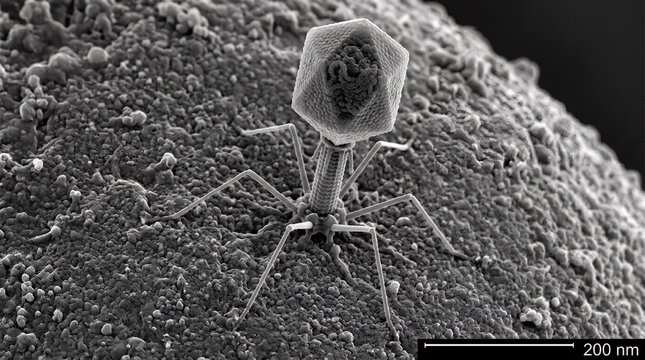 Bacteriophage virus attacking a bacterial cell.
