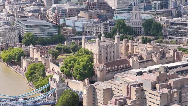 Aerial View of the Tower of London and River Thames in the Bright Daylight of England