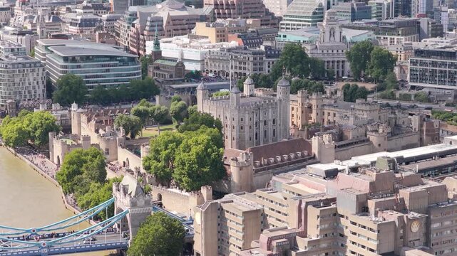 Aerial View of the Tower of London and Tower Bridge on a Sunny Summer Afternoon