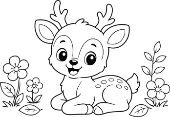 Fototapeta premium Young deer with flowers black and white vector illustration for coloring pages