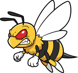 Fototapeta premium Angry cartoon bee mascot, aggressive insect character illustration, fierce wasp design, vector artwork for logo branding, cad drawing flat vector illustration