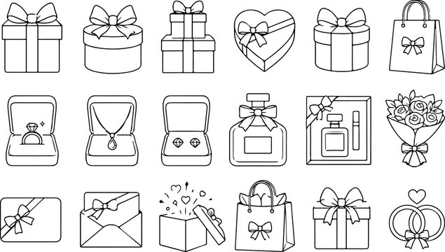 Collection of hand drawn outline gift icons for holiday and celebration themes