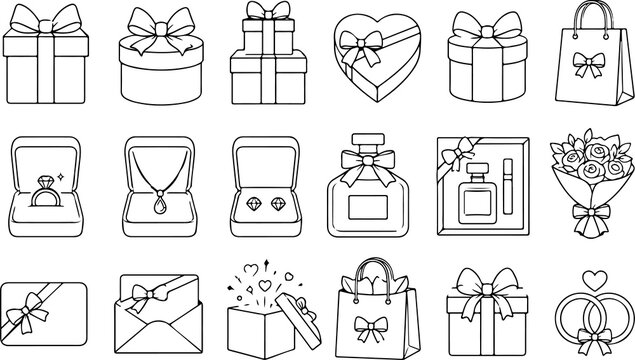 Collection of hand drawn outline gift icons for holiday and celebration themes