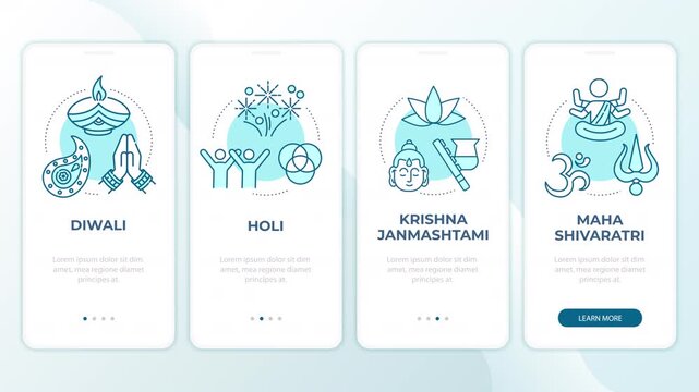 Cultural festival animated onboarding app screens. Religious event and ethnic festival. Mobile UI layout animation with cyan line concept icons. Modern flat interface style motion graphics