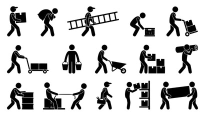 Manual worker stick figure silhouettes collection depicting builders carrying ladders lifting boxes pulling ropes pushing wheelbarrows and handling factory production logistics icons © Josna