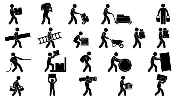 Manual worker stick figure silhouettes set depicting construction laborers carrying ladders lifting boxes pulling ropes pushing wheelbarrows and handling heavy warehouse material handling icons