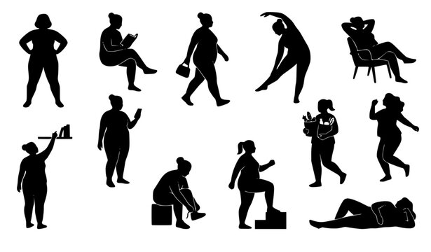 Overweight obese woman silhouettes collection depicting fat female icons in different lifestyle poses walking sitting exercising dancing and relaxing vector illustrations set