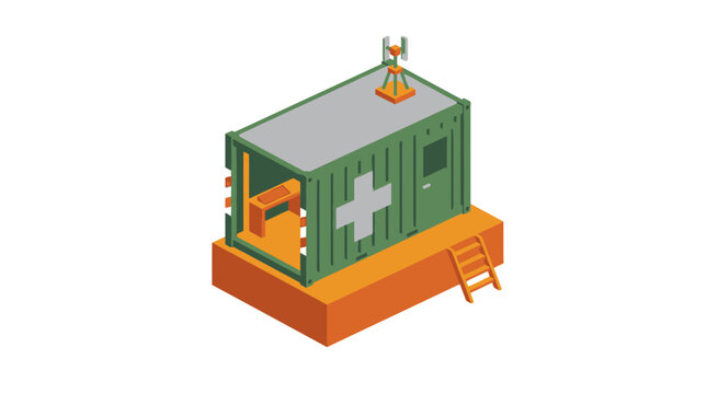 Isometric illustration of a green shipping container with medical cross.