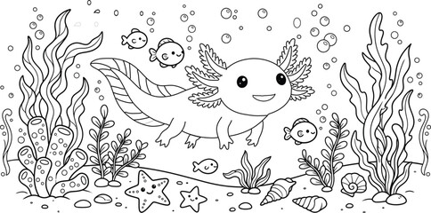 Obraz premium Adorable Axolotl with Fish and Sea Plants Coloring Page, Kawaii Axolotl Ocean Adventure Coloring Page, Cartoon Axolotl Under the Sea