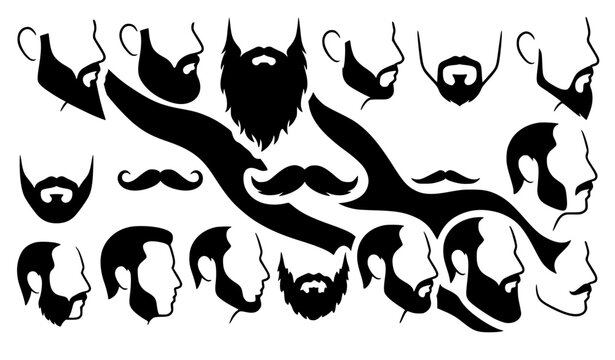 Men grooming fashion silhouettes collection featuring diverse facial hair styles, detailed beard shapes, mustache trends, sideburn patterns, and barbershop haircut profile design vectors