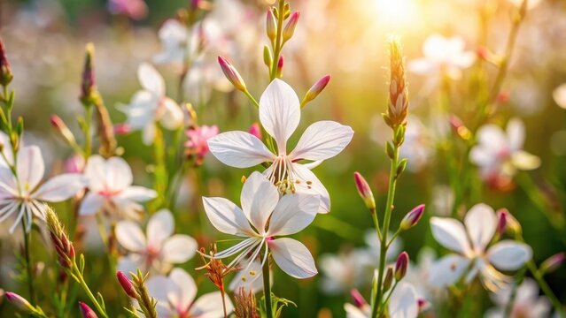 Softly unfurling tender white gaura lindheimeri flowers cascade across a sunkissed flower bed on a languid summer afternoon