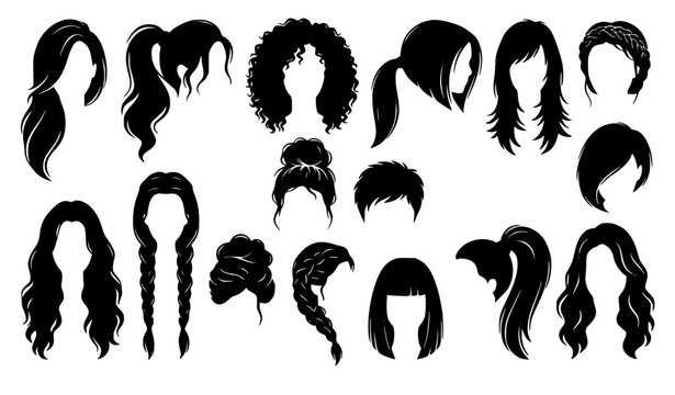 Women hairstyles and haircuts silhouette vector collection featuring long curly locks, short bobs, elegant ponytails, braids, bangs, and fashion salon beauty styling options