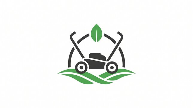 Lawn Mower Logo Vector Design Template with Green Grass and Leaf Elements for Landscaping Services