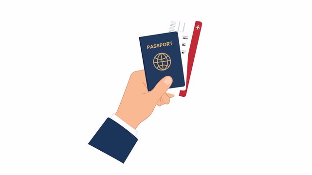 Flat 2D vector animation of a Hand holding passport for travel and immigration concepts. Alpha channel with transparent background, ideal for motion graphics and UI animation.