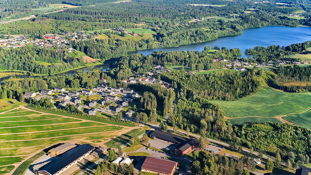 The landscape on approach to Oslo's main airport, Gardermoen. From above, the deep ravines and valleys characteristic of this region of Norway are clearly visible, such as the famous Ravinedalen area