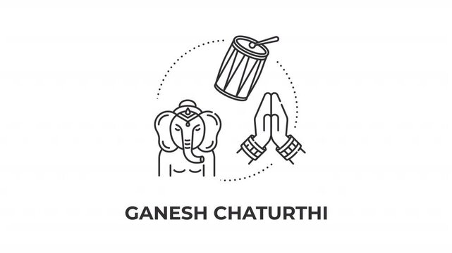 Ganesh chaturthi line concept icon animation. Festive religious ceremony. Spiritual indian holiday. Traditional celebration. Animated outline round motion graphic. Minimal HD video with alpha channel