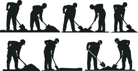 Construction worker silhouette, digging motion, manual labor, shovel action, hard hat safety, excavation process, dirt pile, industrial effort, work posture, physical task © mdshakil