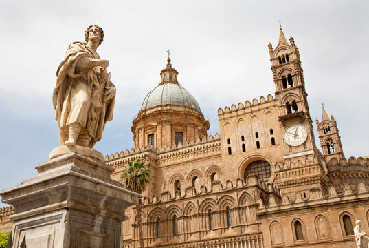 Palermo - The south portal of Cathedral or Duomo and statue of st. Eustatius