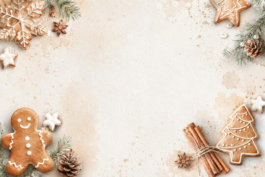 Festive gingerbread cookie border with smiling gingerbread man, Christmas tree cookie, stars, cinnamon sticks, pine cones and fir branches around bright copy space, ideal for holiday cards, bakery men