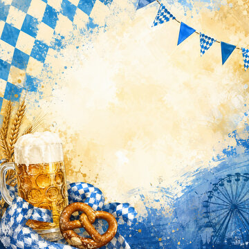 Bright Oktoberfest background with beer mug, pretzels, wheat, blue and white Bavarian pattern, pennant flags and fairground silhouette, perfect for beer festival posters, invitations, menus and event 