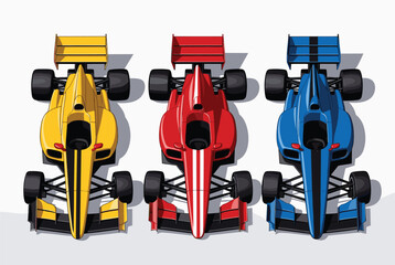 Fototapeta premium Top-down view of three sleek formula racing cars in yellow, red, and blue colors ready for high-speed competition.