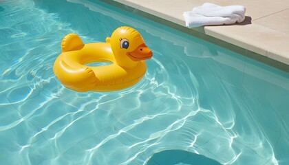 Obraz premium Yellow duck inflatable floatie floating in sunny swimming pool water for summer vacation and child swimming pool water activities concept