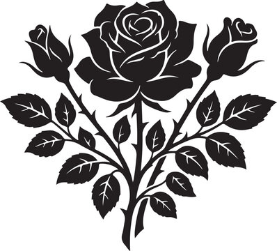 Black rose flower silhouette vector, floral arrangement with rosebuds and thorny stems, and gothic botanical graphics. Minimalist vector illustration.